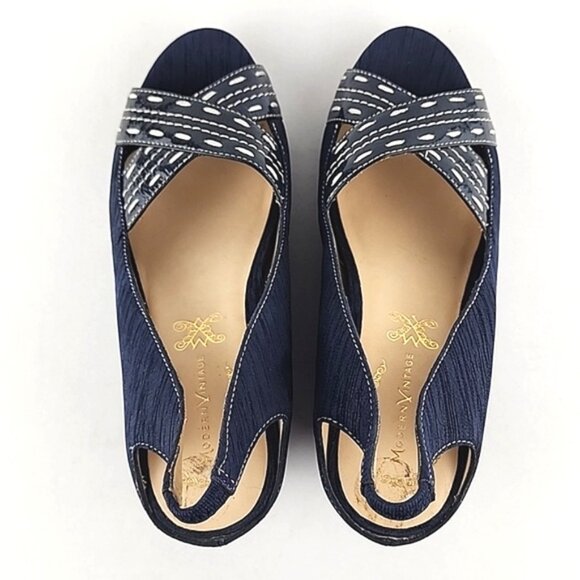 Modern Vintage Diva Wedge Slingback Blue Platform Peep Toe Shoe Sandal Sz 6 - Picture 7 of 16